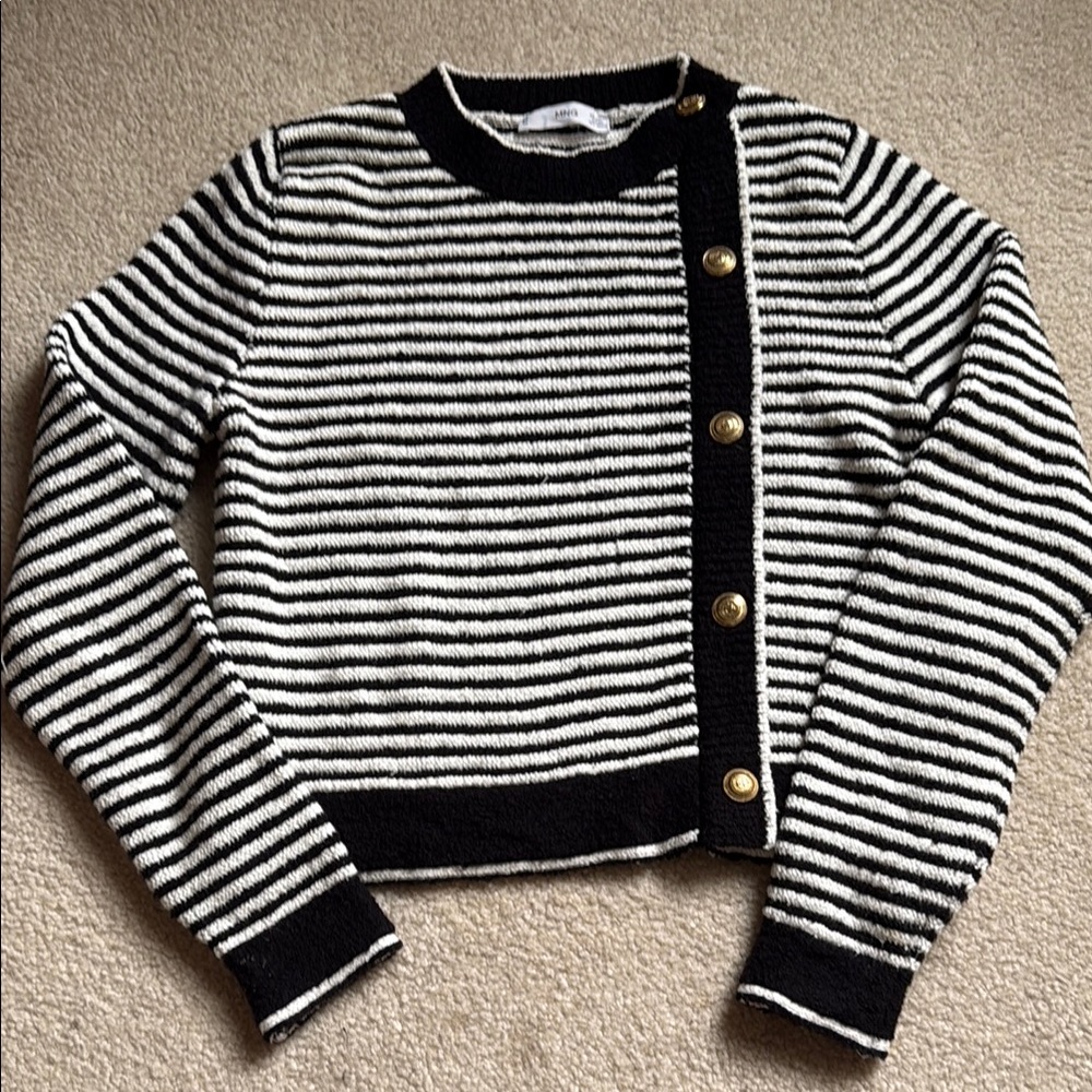 Mango Black and White Crew Neck Sweater with Asymmetrical Design